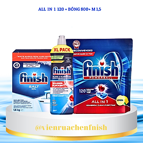 Combo muối rửa bát Finish 1,5kgviên rửa bát Finish 120 viênNước làm bóng bát chén finish 800ml - Combo 3 món ViênBóngMuối