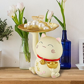 Creative Lucky Cat Statue with Tray Miniature Figurine for Tabletop Hallway Decor