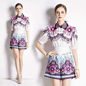 HÀNG NHẬP - SÉT SHORT IN HOA HỒNG TÍM CỔ SƠ MI