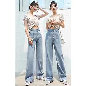 Quần jeans nữ ống rộng phối nút