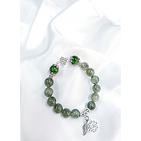 Vòng tay mệnh mộc, hỏa đá thạch anh tóc xanh mix đá diopside + charm đồng tâm, lá LAT.95