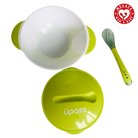 Bát ăn dặm có nắp kèm thìa báo nóng Upass xanh lá + tặng 5 zipper 12x17cm