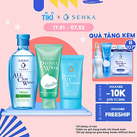 Bộ sản phẩm Senka làm sạch và chống nắng dành cho da mụn (Senka A.L.L.Clear Water Fresh 230ml + SRM Acne Care 100g + Senka Perfect UV Essence 50g)