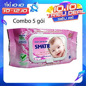 Combo 5 Gói Khăn Ướt Hương Phấn Smatie 80 Tờ