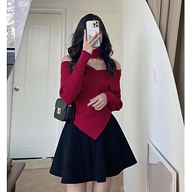 Set áo đỏ bẹt vai choker kèm chân váy đen - Rossy fashion