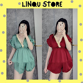 Đồ ngủ sexy áo cổ V quần đùi chất satin mặc ngủ thoải mái freesize