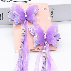 Kẹp tóc bướm hạt trắng gắn tua rua voan lụa Cài tóc cổ trang xinh xắn dễ thương (Chiếc)