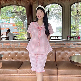 Bộ Đồ Bầu Lửng Karo Mẫu Mới Mùa Hè 2025 Mặc Nhà Chất Cotton Hàn Nhẹ Mát Có Chun Điều Chỉnh - Hồng