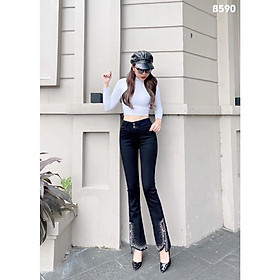 Quần Jeans Nữ Ống Loe Dài Xẻ Đính Đá Màu Đen Lưng Cao Co Giãn Đẹp Store 257