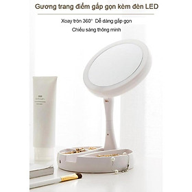 Gương trang điểm xếp gọn xoay 360 độ hai mặt kèm đèn LED