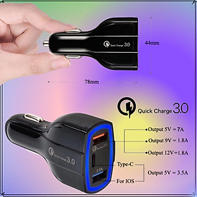 Mua Bộ Tẩu Sạc Nhanh Xe Hơi 3 Đầu Cắm USB 7A -  USB Quick Charger 3.0 - Type-C Kép Cho Các Dòng iPhone  Samsung  Huawei