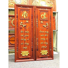 Tranh câu đối khắc chữ cha mẹ bằng gỗ hương đỏ kt 37×107×3cm