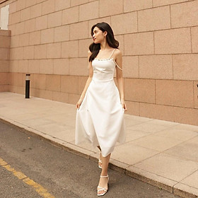 QUẢNG CHÂU Đầm midi hai dây đi biển thiết kế dáng xòe sang chảnh - Màu sắc: Trắng | Đen CAO CẤP