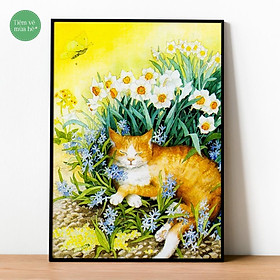 Tranh số hóa  - Mèo bên hoa đã căng khung 40x50cm 31 màu