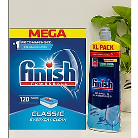 Viên rửa bát Finish 120 viên + Nước làm bóng Finish 800ml dùng cho Máy rửa