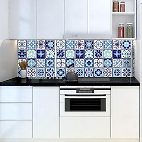 Decal Dán Bếp chất dầy - Gạch Bông Xanh 001 - Hàng in tại xưởng