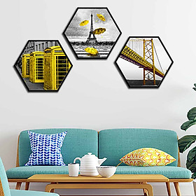 Bộ 3 tranh decor hình lục giác treo tường, thiết kế hiện đại, độc đáo, phù hợp với nhiều không gian - LG006