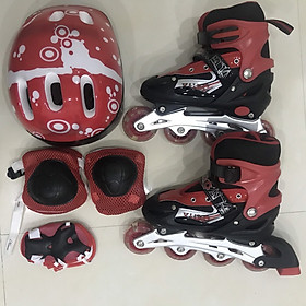 Giầy trượt patin cao cấp tặng kèm bộ bảo vệ chân tay và mũ bảo hiểm màu đỏ