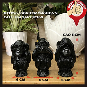 Tượng đá trang trí bộ ba khỉ tam không - cỡ trung cao 11cm - Màu đen