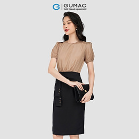 Đầm bút chì phối voan GUMAC DC08056 vải mềm mịn màu nâu