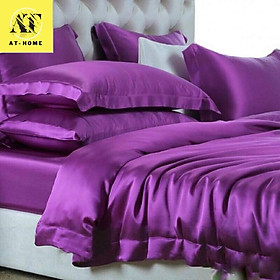 Bộ 4 món ga gối phi lụa thương hiệu lan pham bedding mát mịn - màu tím đậm