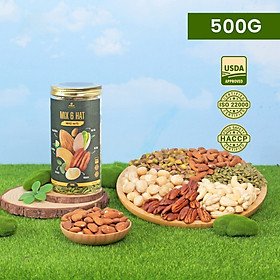 Mixed Nuts 6 loại hạt dinh dưỡng macca, hạt điều, hồ đào, hạnh nhân, hạt dẻ cười và bí xanh đã tách vỏ (hũ 500gr)