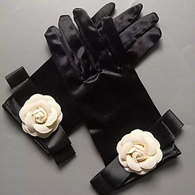 Găng tay chất liệu satin màu đen đính hoa cho Cô dâu và Dạ hội, đi tiệc, sự kiện, đạo cụ cosplay, chụp ảnh, studio MS: 45151