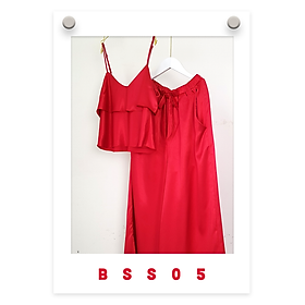 Đồ bộ mặc nhà phi lụa WANNABE BDS07 bộ dài áo croptop, quần dài ống suôn thắt nơ eo, áo ba lỗ lưng ren xinh đẹp