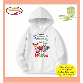 Áo Hoodie nỉ bông màu trắng in hình WOLFOO siêu cute cho bé trai bé gái đủ