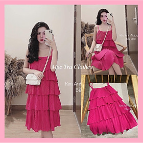 Đầm hai dây dập ly tầng dáng suông vintage màu hồng tiểu thư siêu xinh, Váy dự tiệc thiết kế 2 dây xuông nữ đi biển xếp tầng rẻ đẹp trẻ trung