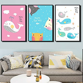 Bộ 3 tranh canvas treo tường Decor Cá và Mèo phong cách enjoy the day – DC095