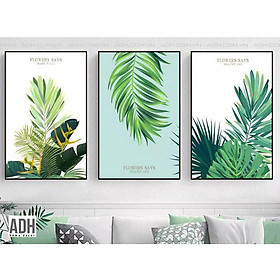 Bộ 3 tranh khung canvas treo tường lá cây nhiệt đới