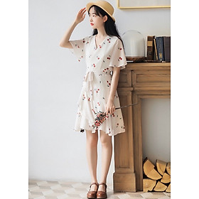 ĐẦM SUÔNG TRẮNG IN CỘT BÊN EO  damsuong183