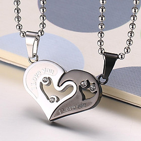2Pcs Novelty Couples Necklace Stainless Steel Pendant Half Heart CZ Puzzle Matching Jewellery 50cm Chain