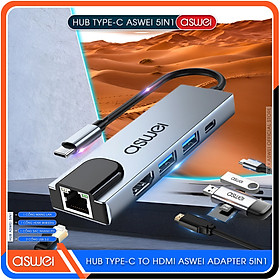 Hub Type C ASWEI 5 in 1 To HDMI, USB 3.0, Lan RJ45, PD 100W - Hàng Chính Hãng