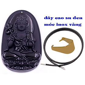Mặt dây chuyền Phật Đại thế chí đá đen 3.6 cm kèm móc inox vàng và vòng cổ dây cao su đen, Mặt Phật bản mệnh