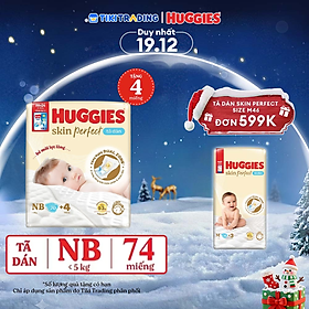 Tã/bỉm dán sơ sinh Huggies Skin Perfect NB 70+4 miếng với 2 vùng thấm giảm kích ứng da
