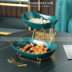 Khay Sứ Xanh Viền Vàng Bắc Âu Hình Thuyền Khung Thép Mạ Vàng