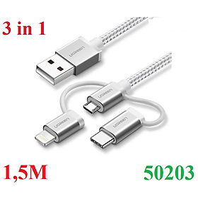 Mua Phụ kiện Cáp sạc dữ liệu 3 trong 1 USB Micro/Type-C/ dài 1 5M/cổngL.i.g.h.t.n.i.n.g Ugreen 50203-Hàng chính hãng