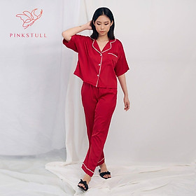 Bộ đồ ngủ pijamas tay ngắn quần dài Pink Stull 3 Màu:xám viền đen,đỏ viền trắng,hồng viền đen