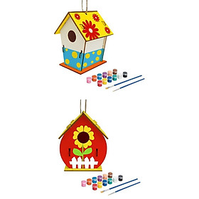 2x  House, Unpainted Build Paint Hanging Wooden Birdhouse Set