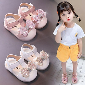 Sandal nơ đính đá cao cấp lấp lánh mũi bo cao bảo vệ đầu ngón chân bé