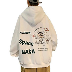 Áo Khoác Hoodie in SHIN cậu bé bút chì,chât Nỉ Basic Unisex Form Rộng Tay Phồng Mũ To 2 Lớp - Trắng - L