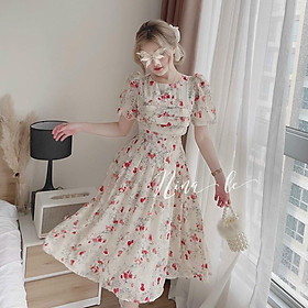 Đầm voan xoè cổ tròn xếp ly ngực hoạ tiết hoa xinh xắn