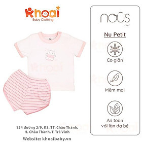 Bộ cài vai cộc Nous kẻ hồng trắng hình gấu - Chất liệu Nu Petit 95% cotton thiên nhiên