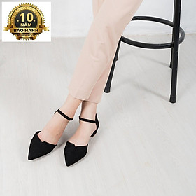 Giày Cao Gót Mũi Nhọn Phối Dây Gót Vuông Cao 2cm Màu Đen _ EK004