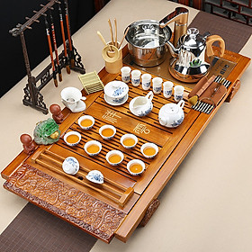 Bàn trà điện thông minh trạm hoa trọn bộ đầy đủ trà cụ tích hợp vòi xoay tự động hút và đun nước sôi tại bàn - khay gỗ pha trà đạo đa năng bảo hành 12 tháng