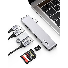 Ugreen UG60560CM251TK macbook pro air 2 cổng USB Type C Bộ chuyển đổi sang 3x Hub USB 3.0 + SD/TF + nguồn PD màu xám bằng nhôm - HÀNG CHÍNH HÃNG