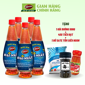 Combo 5 Chai Nước Mắm Barona Đại Nhất 12 độ đạm - 900ml Tặng 1 hũ Sate Siêu Ngon, 1 bịch Đường 500gr, 45gram Tiêu hạt