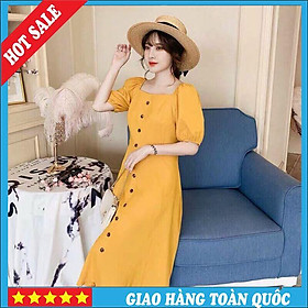 Váy Đầm nữ Màu Vàng Đi Chơi Đi Đám Cưới Xoè Tay Vải Giãn Nhẹ Màu Vàng